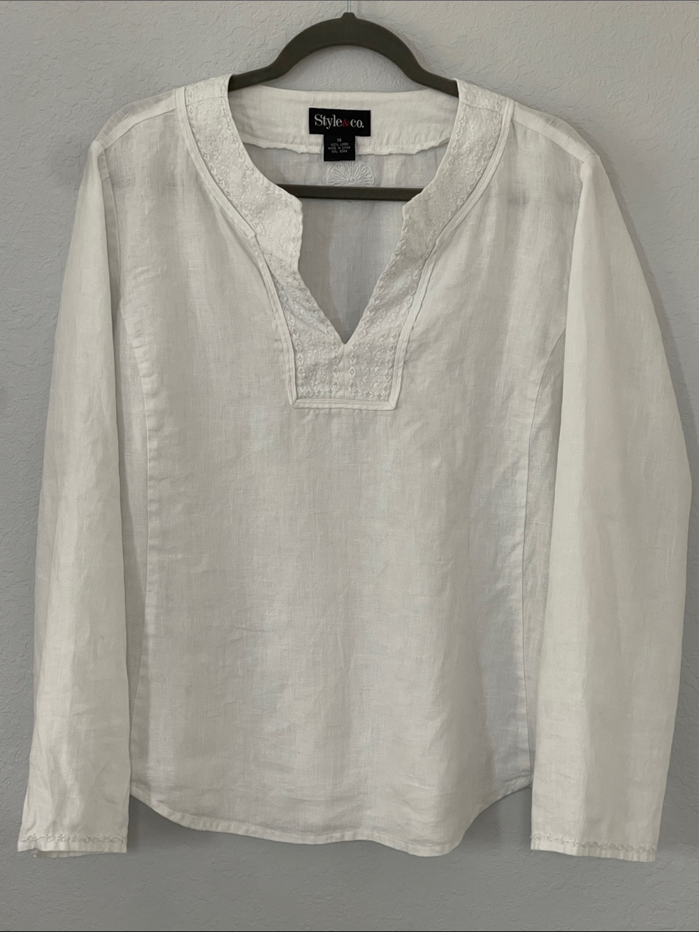 Style & Co Women’s 14 White 100% Linen Embroidered Tunic Blouse